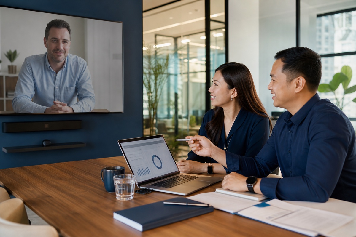 Filipino finance professionals collaborating with an Australian business client by video
