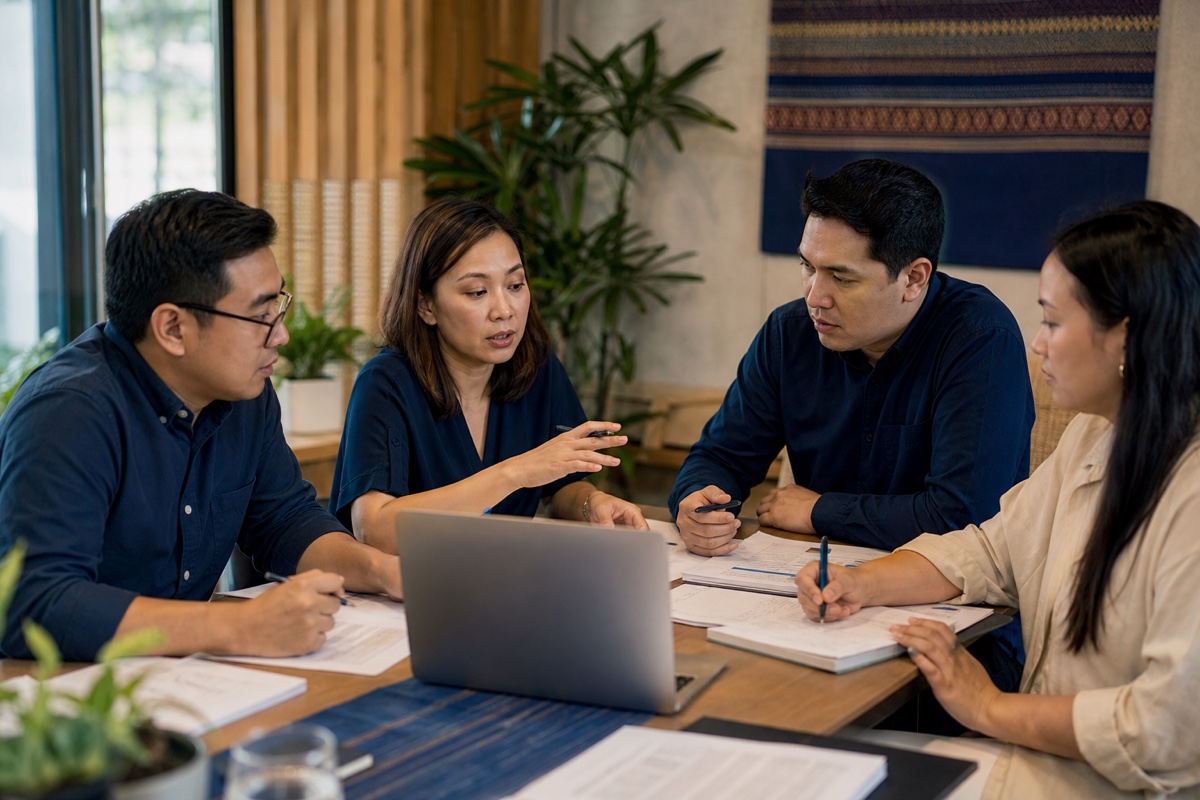 Filipino finance professionals collaborating around a laptop and work papers