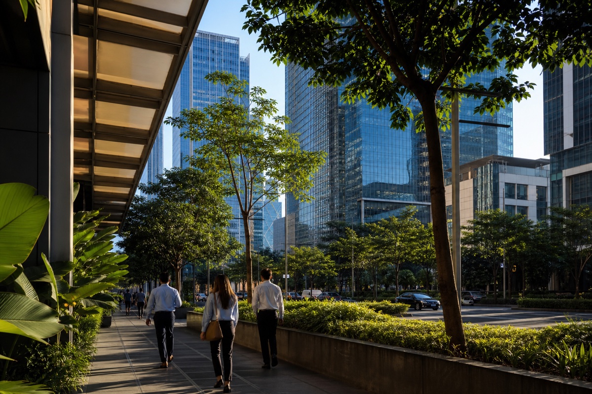 Morning business activity in Makati with tropical streetscape and office towers